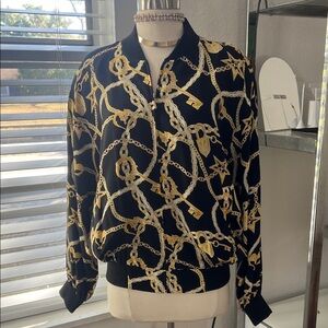 Chic Black and Gold Chain Print Bomber Jacket